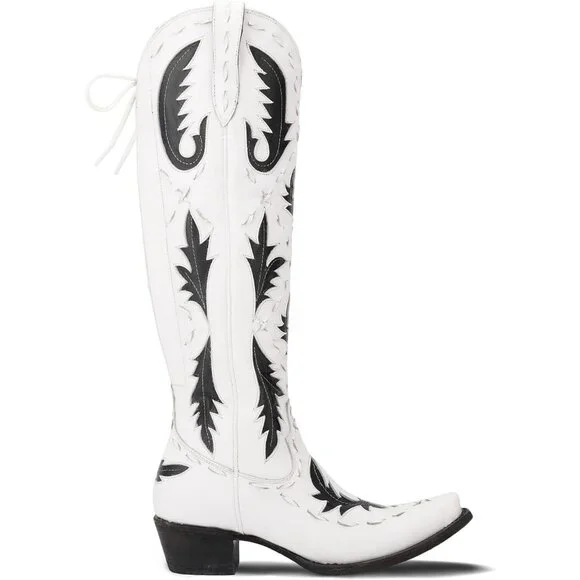 Women's White Pointed Toe Zipper Cowgirl Boots Lace up Chunky Heel Western Boots - Picture 4 of 7